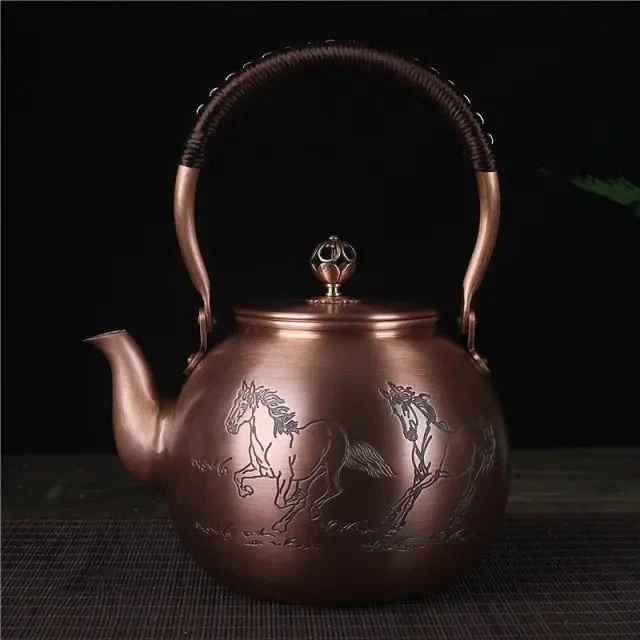Théière Chinoise en Cuivre Motif Chevaux 1.5L