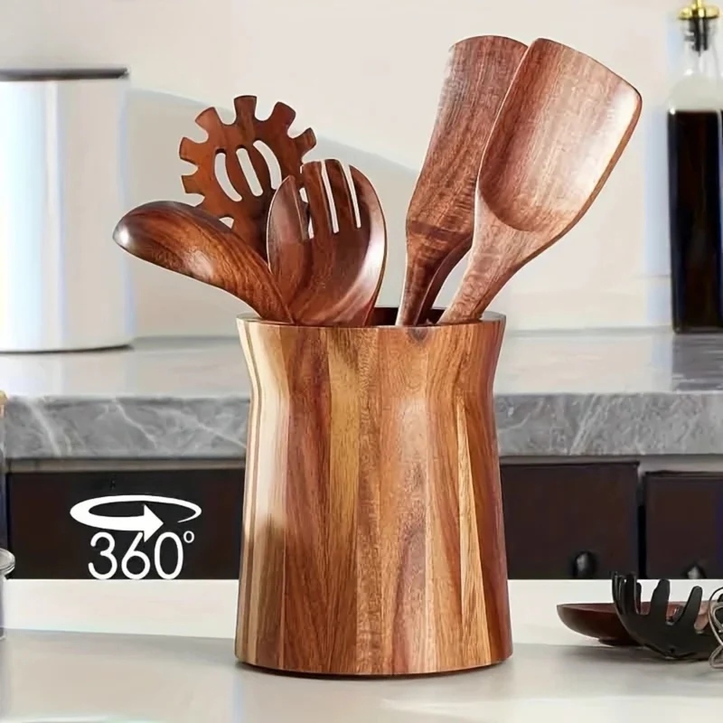 Pot Ustensiles Cuisine | Rotatif 360° Bois d'Acacia