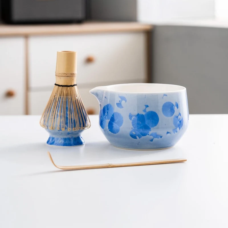 Set de Matcha cristale 550ml Fleur bleue artisanale