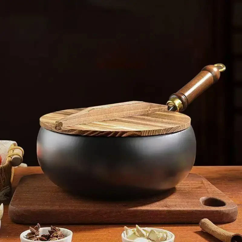 Wok Japonais | Fer Forgé Main - Couvercle Bois - 24 cm