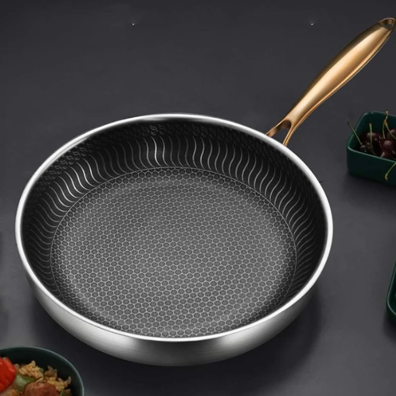POELE en Inox Nid d'Abeille | Antiadhésif Naturel - Manche Doré