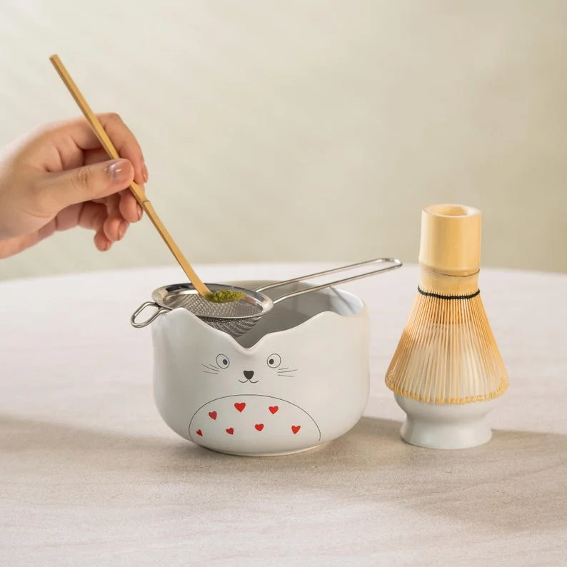 Set Matcha 600ml Bol Spout Céramique Blanc Beige