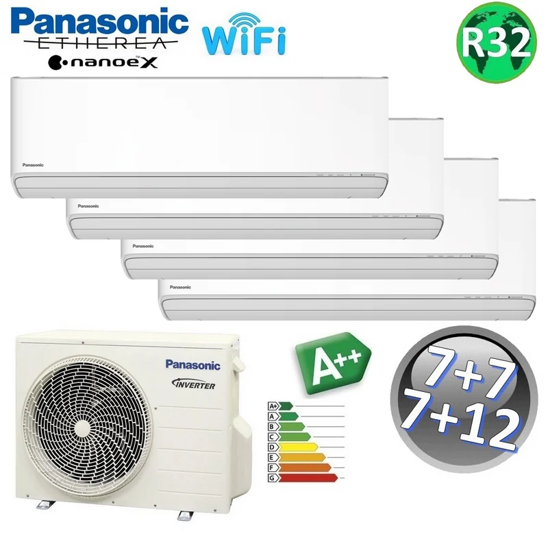 Climatiseur quadri-split Panasonic ETHEREA 7+7+7+12 000 BTU R32 A++ Wi-Fi NanoeX