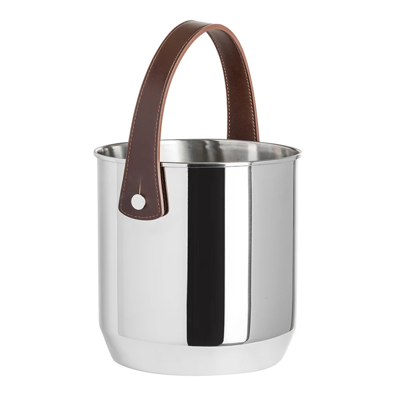Ø 19 x 19.5 cm - Cacao Secchiello Portabottiglie In Acciaio Inox 18-10 Con Manico In Ecopelle