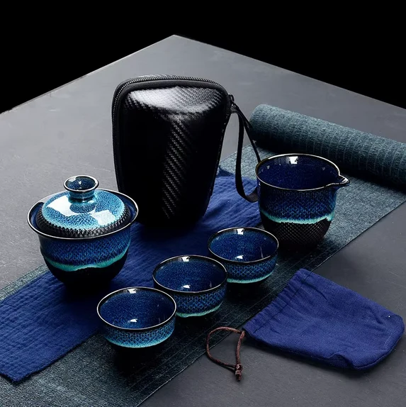 Théière Chinoise Emaillée Bleue Service Gaiwan 200ml