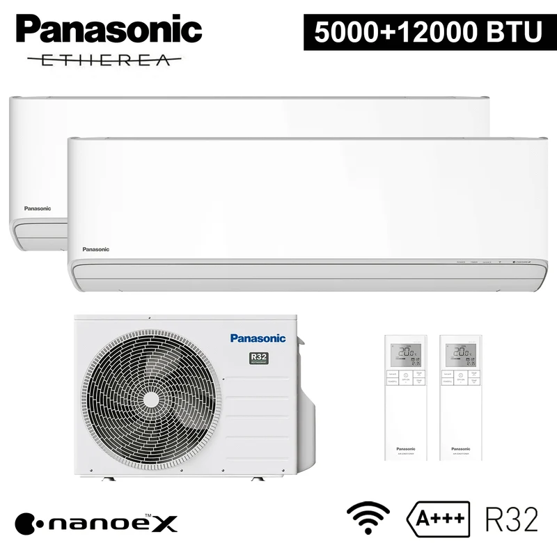 Climatiseur split bi-split Panasonic ETHEREA R32 5000+12000 BTU A+++ avec NanoeX WIFI
