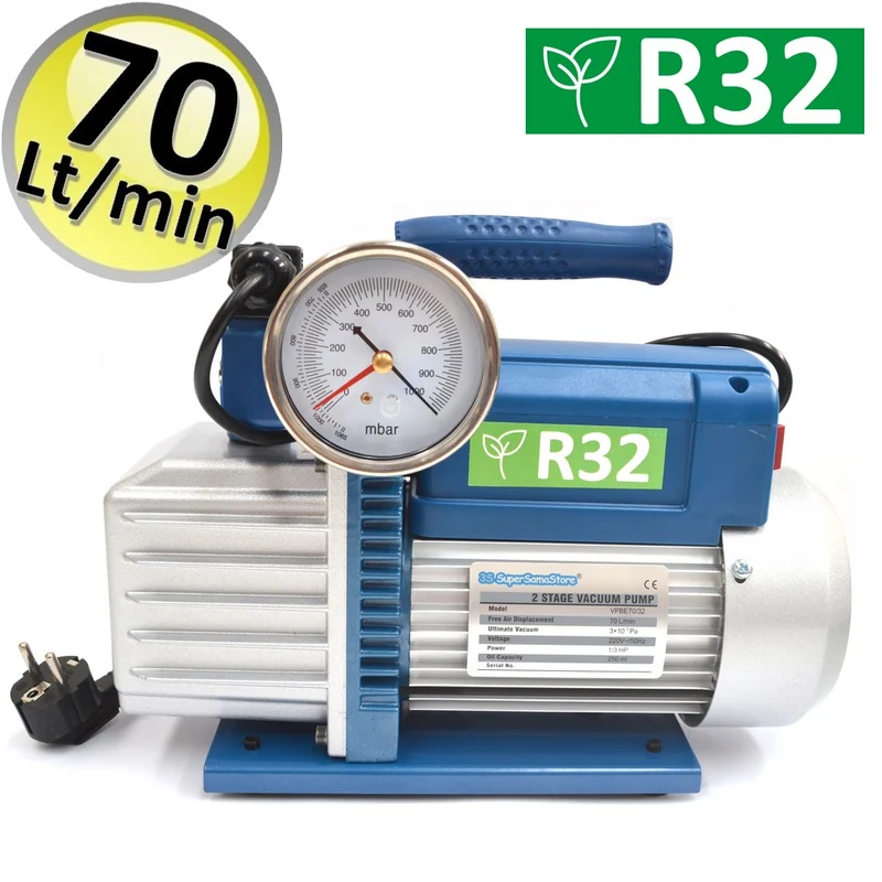 Pompe à vide à deux étages 70 L/min pour systèmes à gaz R32 R1234YF - manomètre à vide et électrovanne