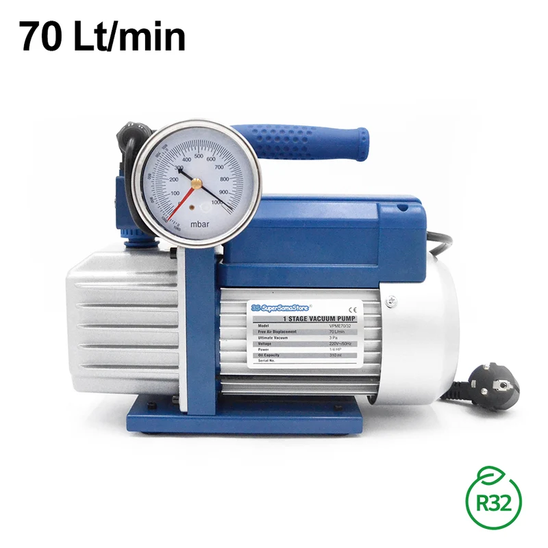Pompe à vide mono-étagée 70 L/min pour systèmes à gaz R32 R1234YF - manomètre à vide et électrovanne