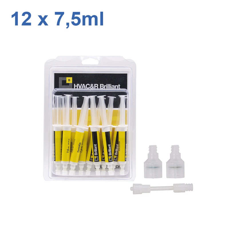 Colorant UV BRILLIANT pour systèmes de climatisation - 12 doses de 7,5 ml avec adaptateur SAE 1/4 et 5/16