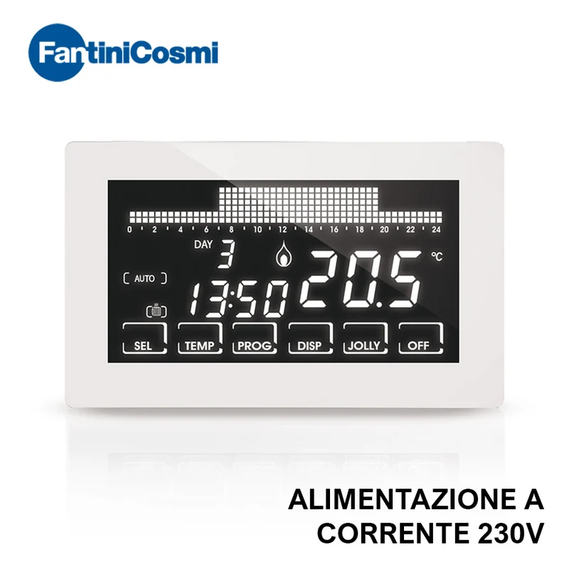 Chronothermostat Fantini Cosmi CH193B à écran tactile ultra-plat avec programmation hebdomadaire, 230 V