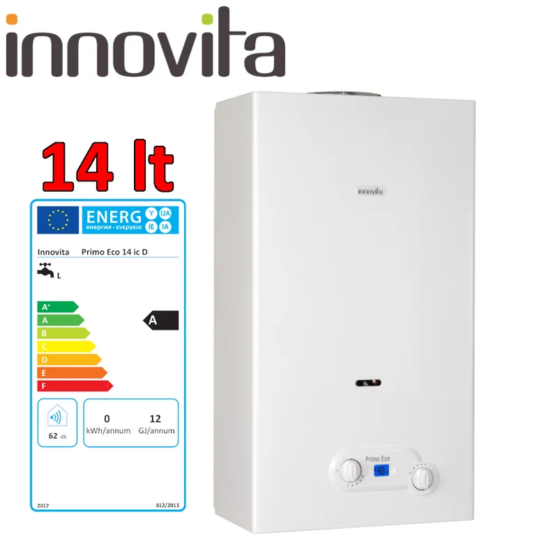 INNOVATE PRIMO ECO 14 ic D - Chauffe-eau instantané au méthane à faible émission de NOx, 14 L, à chambre ouverte et allumage par ionisation