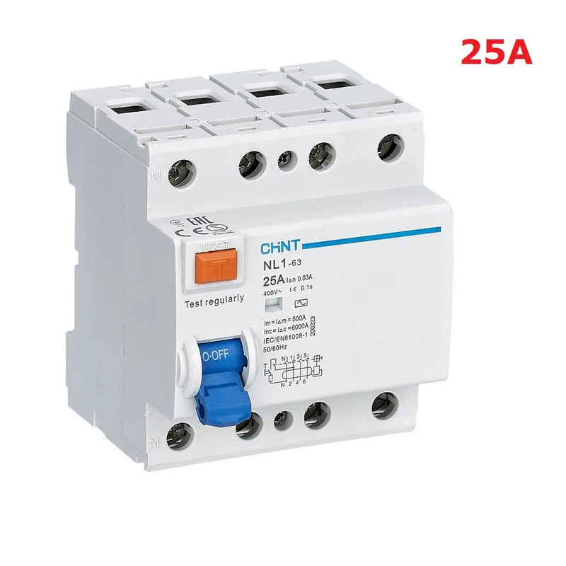 Commutateur différentiel bipolaire pur 4x25 ampères NL1 AC30 6 kA