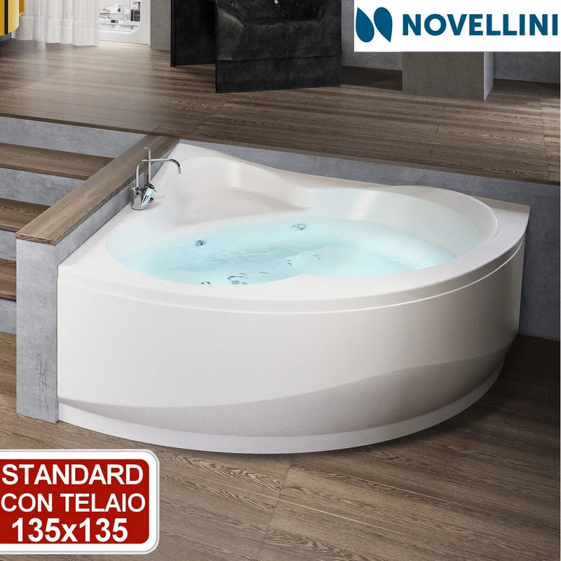 Baignoire d'angle arrondie - standard avec cadre et panneaux - Novellini UNA 135x135 cm