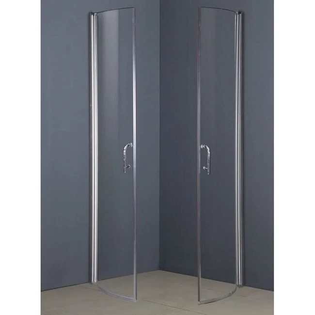 Cabine de douche ronde 90x90 cm en verre transparent, profilés chromés, ouverture de type salon