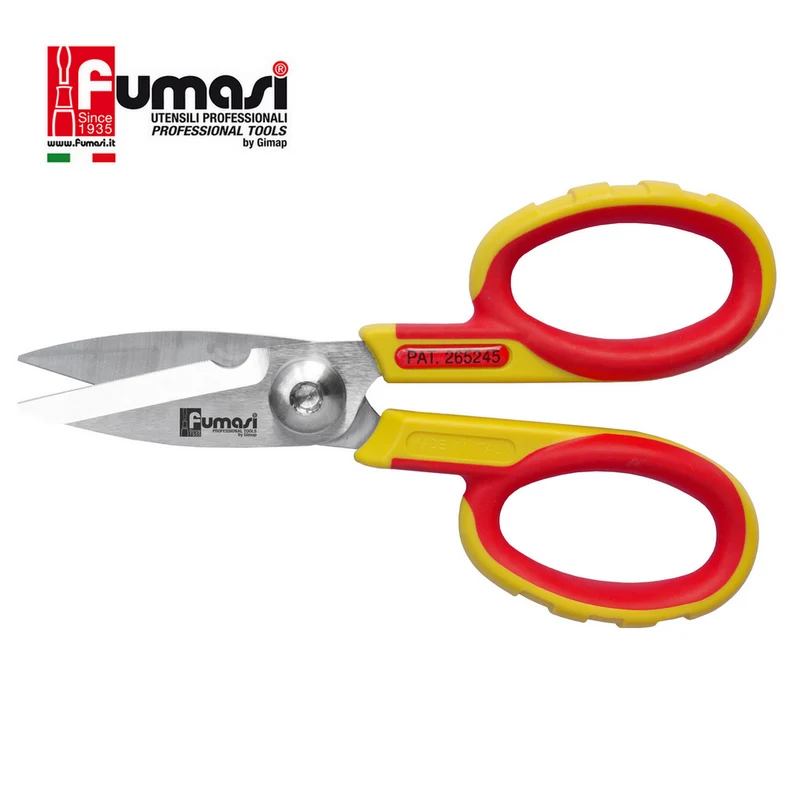 Ciseaux d'électricien professionnels Fumasi avec lames micro-dentelées en acier inoxydable et poignée ergonomique en nylon et fibre de verre