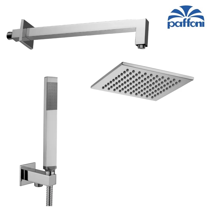 Kit de douche carrée encastrée comprenant : pommeau de douche 20x20 cm, douchette, support carré et flexible.