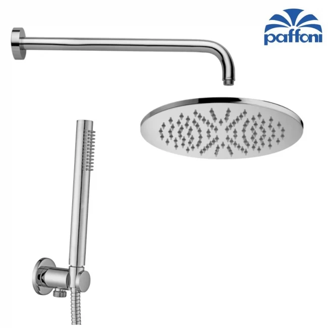 Kit de douche rond à encastrer comprenant : pomme de douche Ø 200 mm, douchette à main, support et flexible