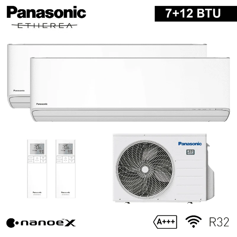 Climatiseur split bi-split Panasonic ETHEREA R32 7000+12000 BTU A+++ avec NanoeX WIFI