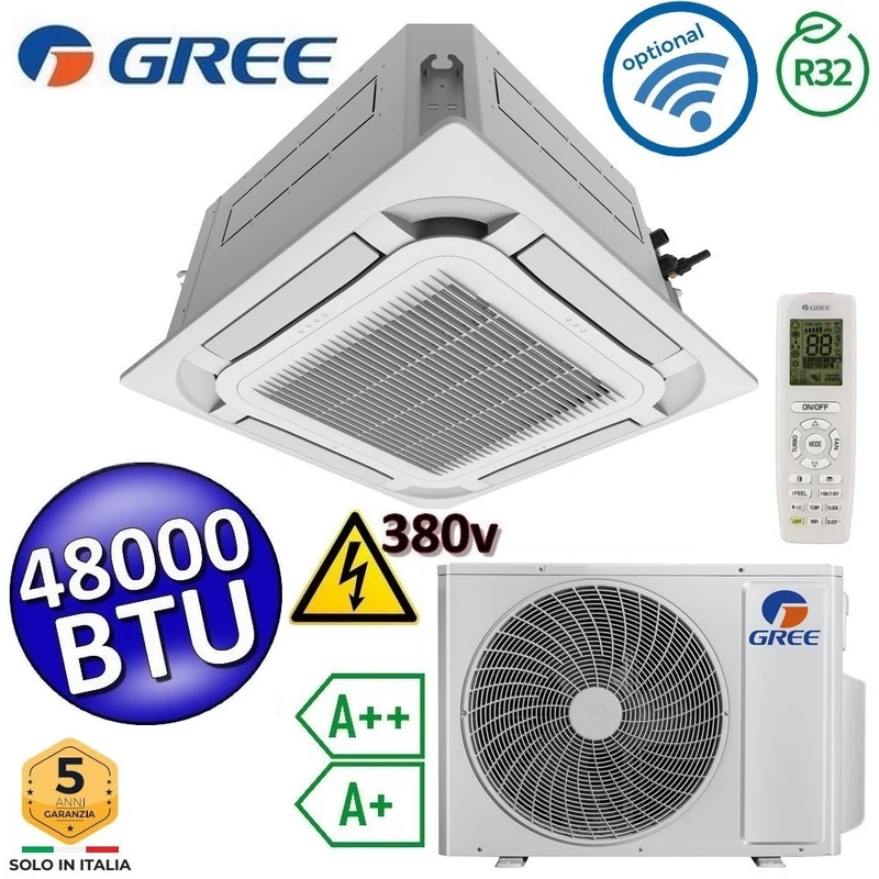 Climatiseur cassette triphasé Gree 48 000 BTU R32 380 V à 8 voies - télécommande et panneau inclus - U-MATCH 6