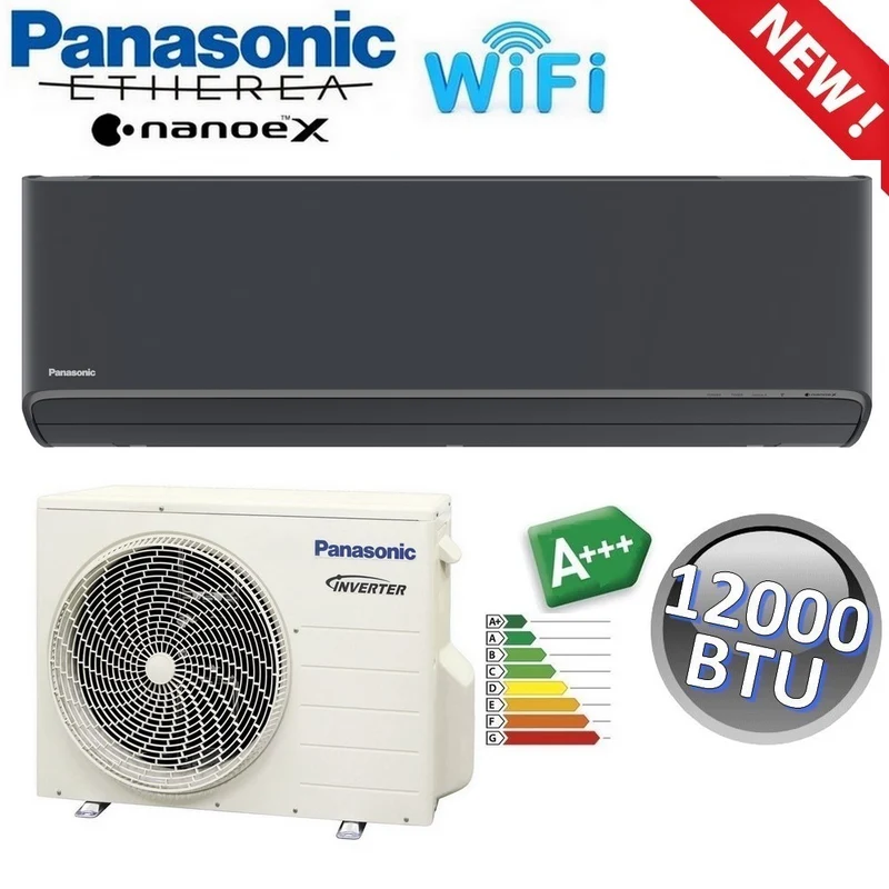 Climatiseur monosplit Panasonic ETHEREA Noir Graphite R32 - 12 000 BTU A+++ avec Wi-Fi et NanoeX