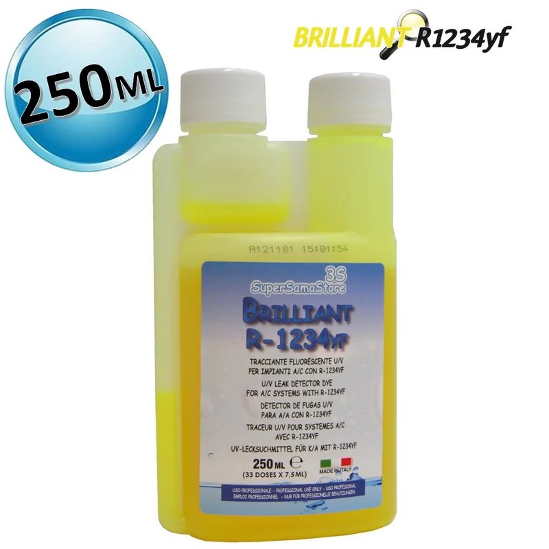 Colorant UV BRILLIANT pour gaz R1234yf, flacon de 250 ml pour climatisation automobile