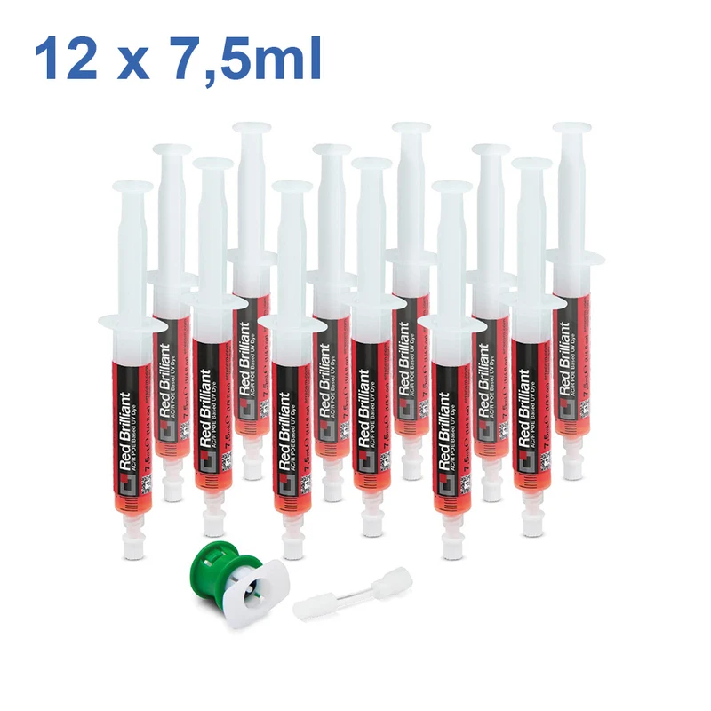 Traceur UV RED BRILLIANT, doses de 12 x 7,5 ml pour véhicules hybrides et électriques