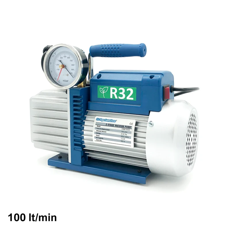 Pompe à vide à deux étages 100 L/min avec électrovanne et manomètre à vide - homologuée pour le gaz R32