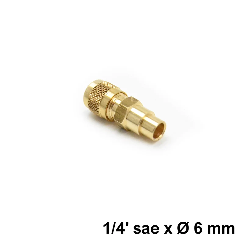 Raccord droit en laiton 1/4'' SAE x Ø 6 mm ODS avec valve et bouchon à emboîter