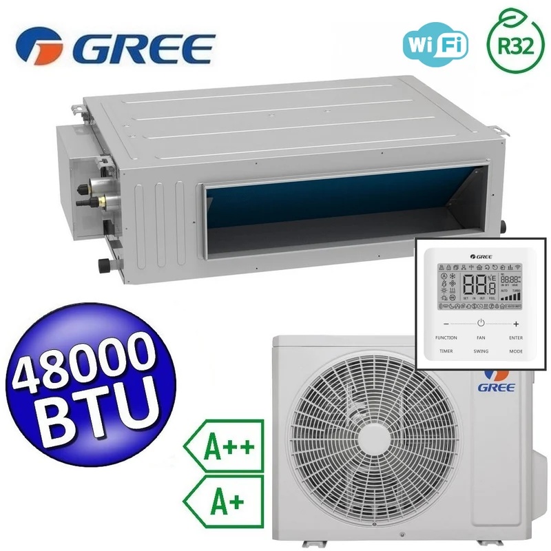 Climatiseur monobloc Gree R32 48 000 BTU A++ A+ avec télécommande intégrée U-MATCH 6 et Wi-Fi intégré.