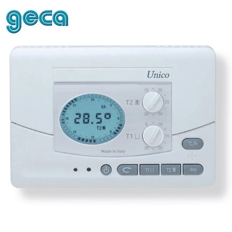 Thermostat d'ambiance hebdomadaire UNICO Geca - mural, à piles, rétroéclairé