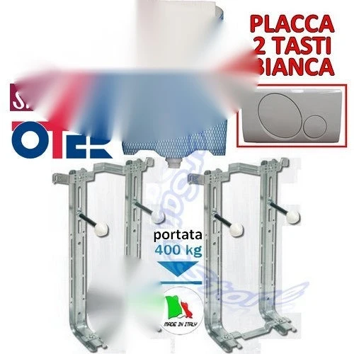 KITS SANITAIRES SUSPENDU AVEC SUPPORTS OTER ET CASSETTE STIR BLITZ, PLAQUE BLANCHE 2 BOUTONS