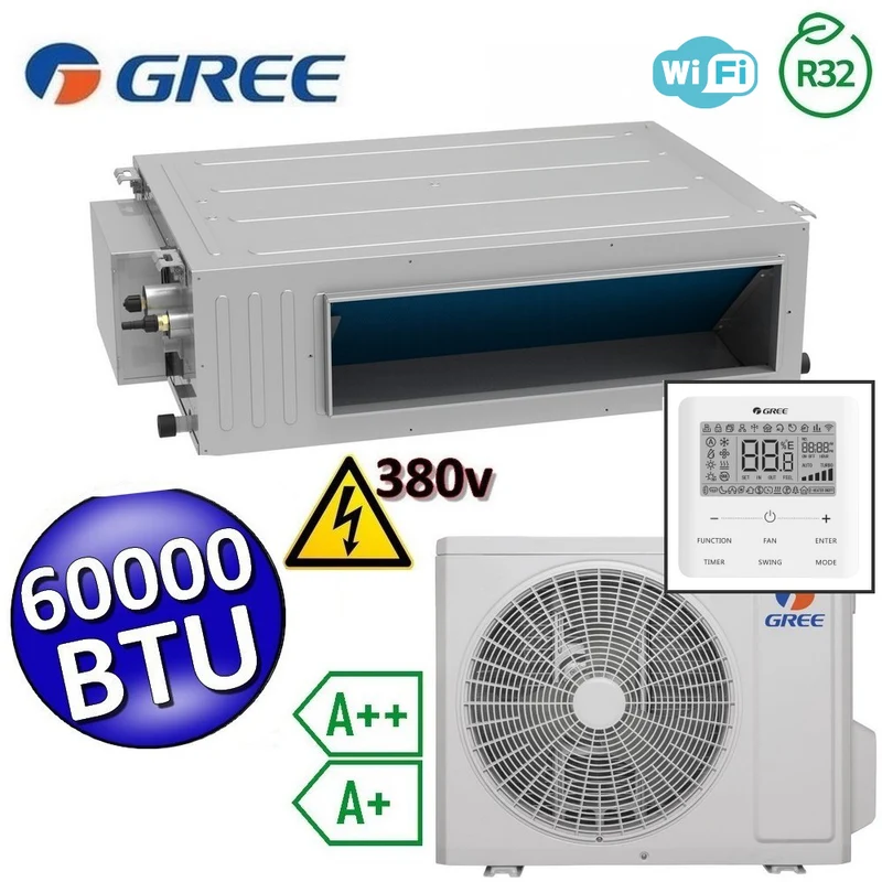 Climatiseur monobloc Gree R32 60 000 BTU haute performance 380 V - Télécommande U-MATCH 6 incluse - Wi-Fi intégré