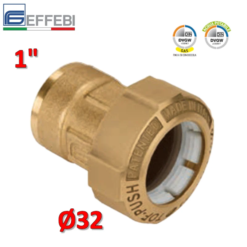 Raccord TOF-PUSH à joint unique Ø 32 x 1'' femelle en laiton pour tuyau PE (polyéthylène)
