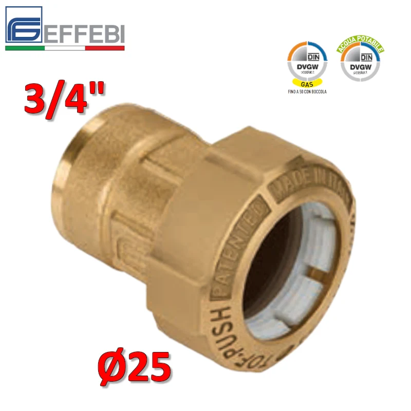 Raccord TOF-PUSH à joint unique Ø 25 x 3/4'' femelle en laiton pour tuyau PE (polyéthylène)