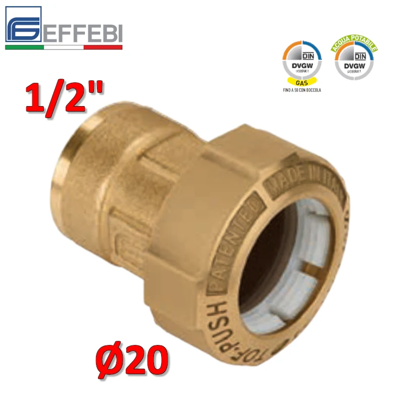 Raccord TOF-PUSH à joint unique Ø 20 x 1/2'' femelle en laiton pour tuyau PE (polyéthylène)