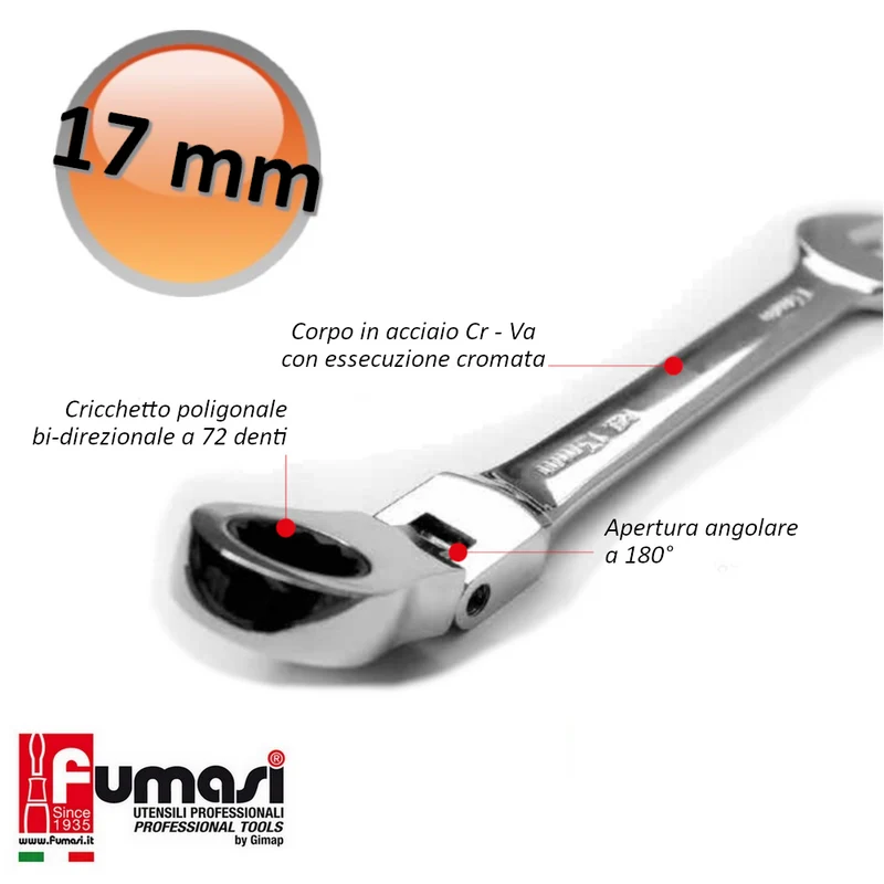 Clé mixte à cliquet réversible de 17 mm avec tête mobile à 180° - acier au chrome-vanadium