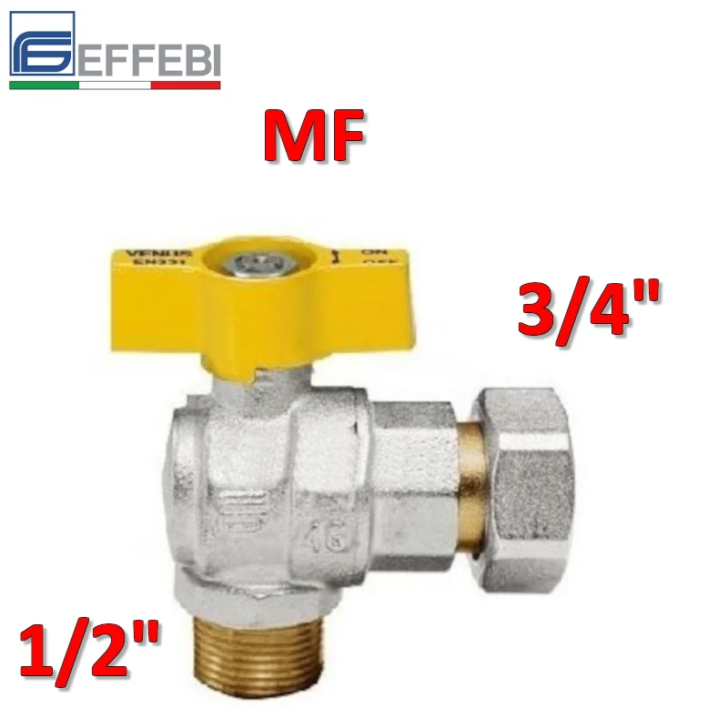 Robinet à bille de gaz VENUS, mâle 1/2'', femelle 3/4'' réduit, avec tige et raccord carré pivotant.