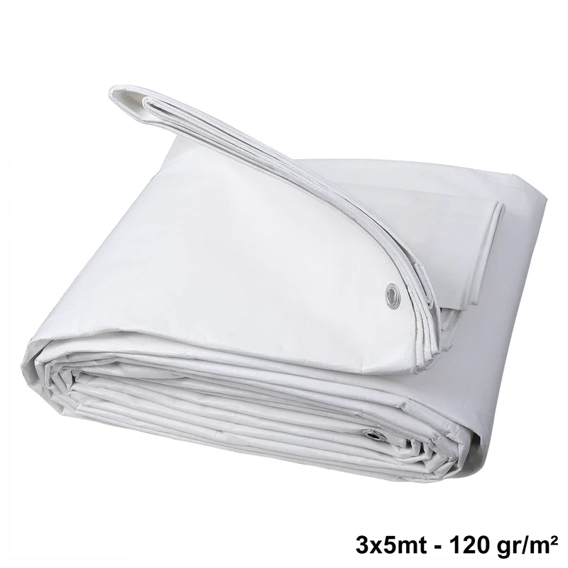 Bâche imperméable avec œillets, 3 x 5 m, BLANC, 120 g/m²