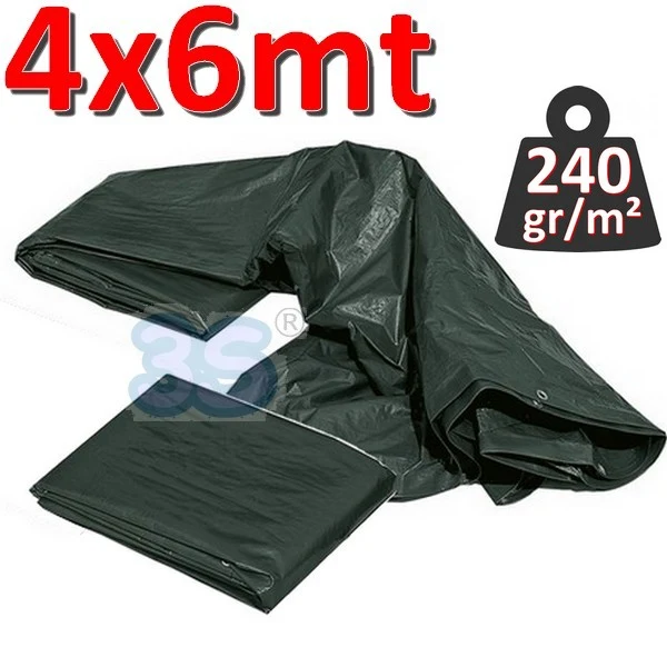 Bâche imperméable avec œillets, 4 x 6 m, VERTE - 240 g/m²