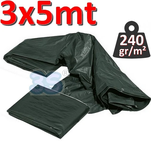 Bâche imperméable avec œillets, 3 x 5 m, VERTE - 240 g/m²