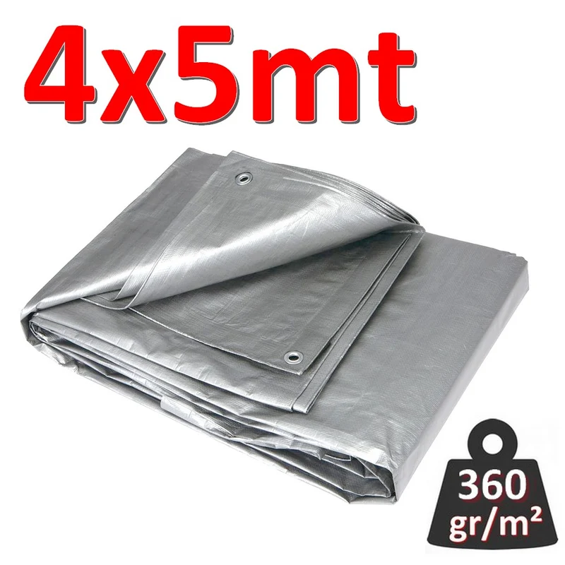 Bâche imperméable à œillets, 4 x 5 m, GRIS - 360 g/m²