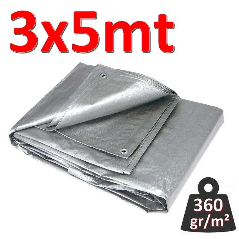 Bâche imperméable à œillets, 3 x 5 m, GRIS - 360 g/m²
