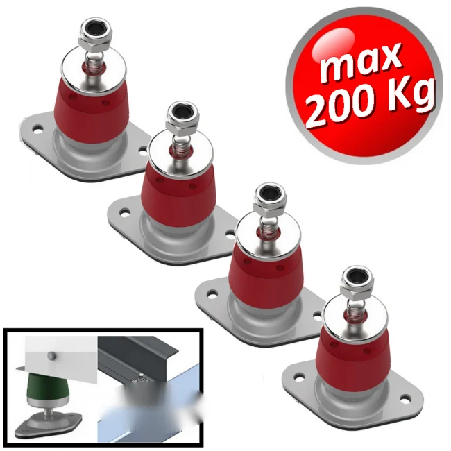 Amortisseur de vibrations Megol avec base réglable en hauteur, capacité maximale 200Kg. Couleur rouge - 4 pièces