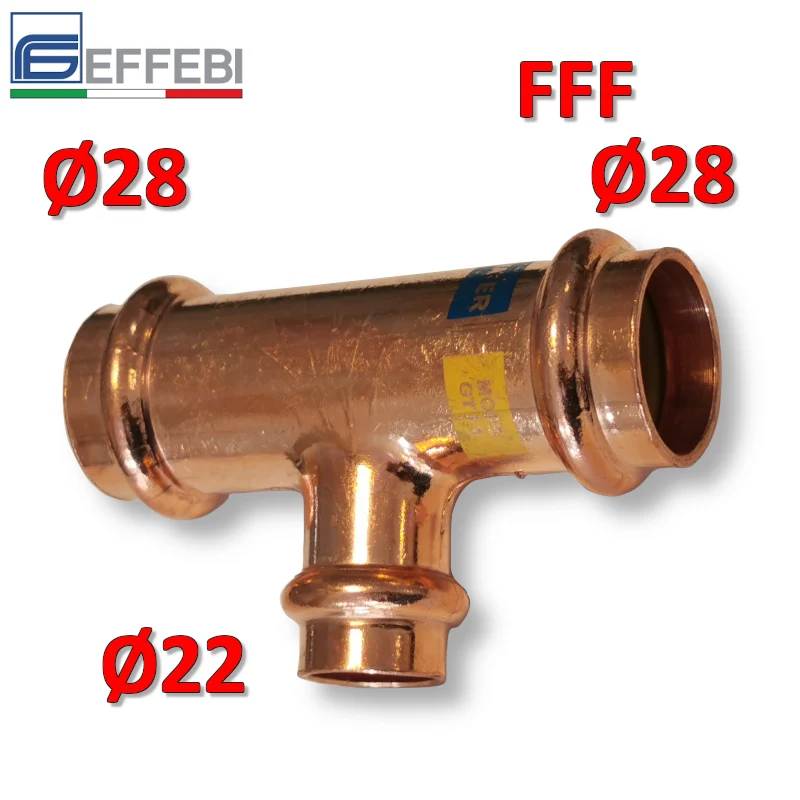 Raccord en T réduit FFF Ø 28x22x28 mm - UNICO cuivre à sertir pour eau et gaz