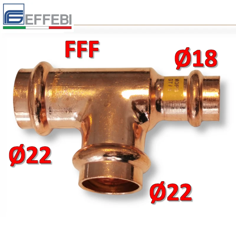 Raccord en T réduit FFF Ø 22x22x18 mm - UNICO cuivre à sertir pour eau et gaz