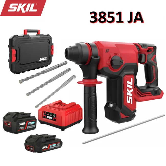Marteau perforateur pneumatique sans balais SKIL 3851 JA avec batterie 20V avec 2 batteries 4,0 et 2,0 Ah et chargeur de batterie