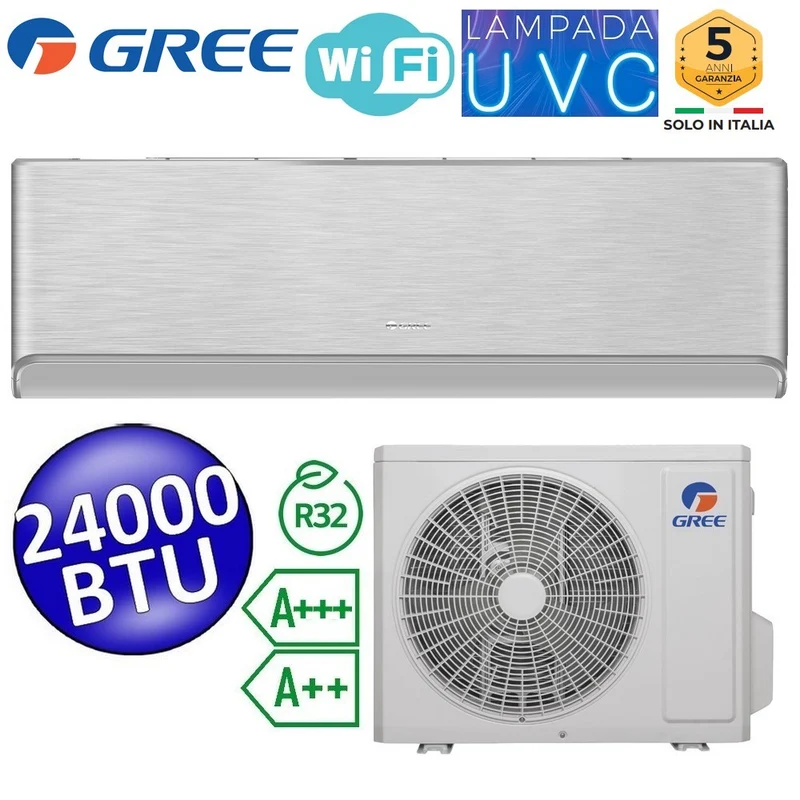 Climatiseur monosplit Gree AIRY SILVER WiFi R32 24 000 BTU A+++/A++ avec lampe de stérilisation UVC
