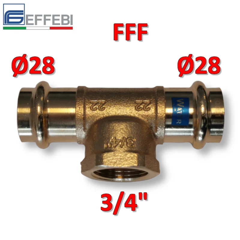 Raccord en T en bronze Ø 28 x F 3/4'' x 28 mm - UNIQUE raccord en cuivre à pression pour eau et gaz