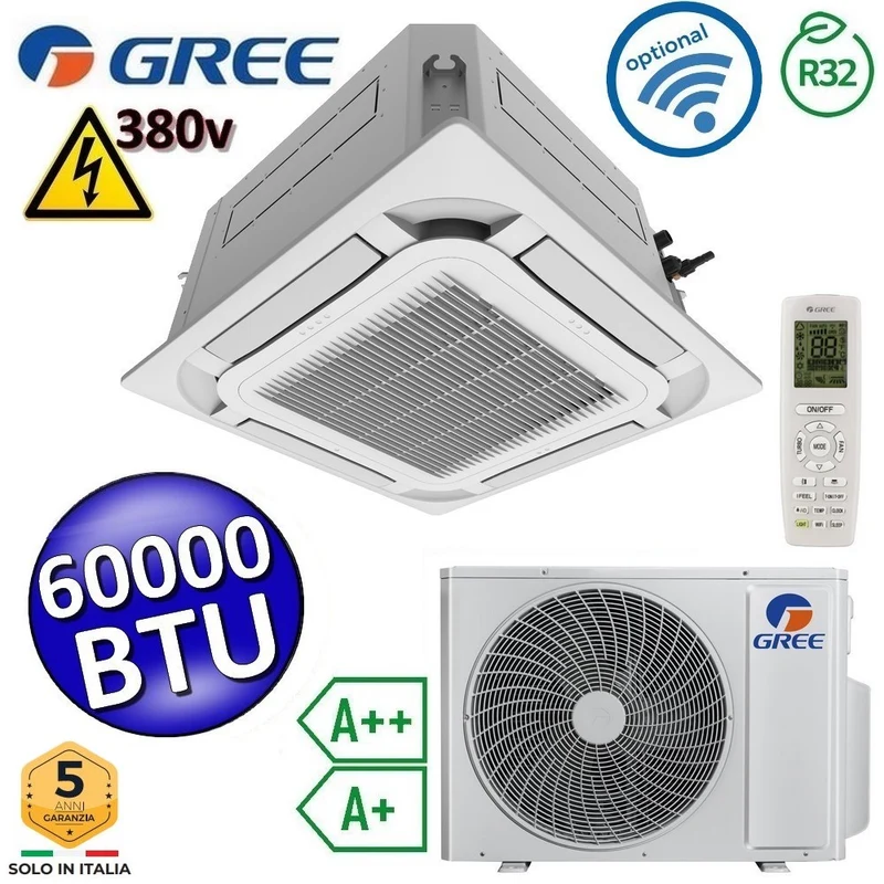 Climatiseur cassette mono Gree 60 000 BTU R32 380 V 8 voies - Télécommande et panneau de commande inclus - U-MATCH 6