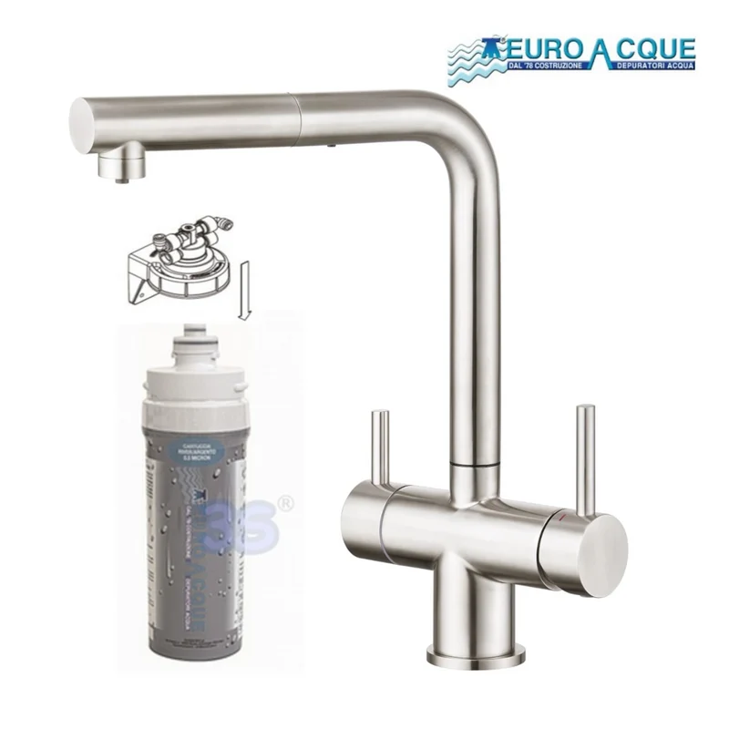 Kit de microfiltration d'eau potable pour la cuisine + robinet satiné avec douchette extractible RIVER SILVER 3 voies Euroacque